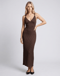 Veloura Maxi Dress by Lauven — brown ribbed knit sleeveless V-neck bodycon maxi dress with metal strap detail