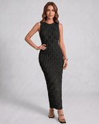 Lunelle Maxi Dress by Lauven — textured sleeveless round neck column maxi dress