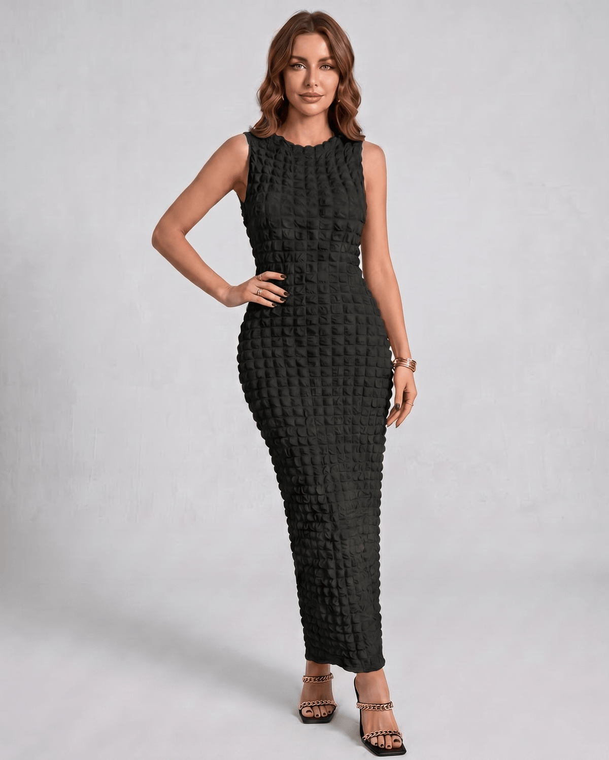 Lunelle Maxi Dress by Lauven — textured sleeveless round neck column maxi dress