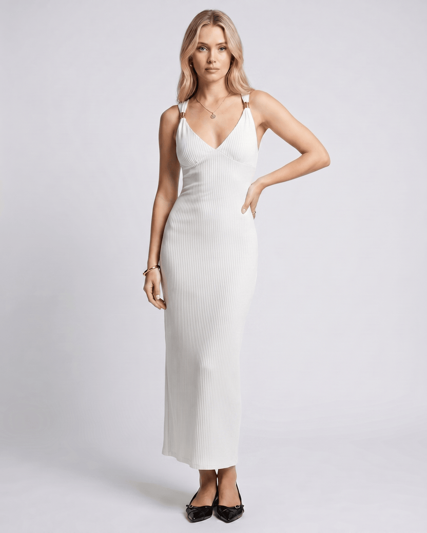 Veloura Maxi Dress by Lauven — white ribbed knit sleeveless V-neck bodycon maxi dress with metal strap detail