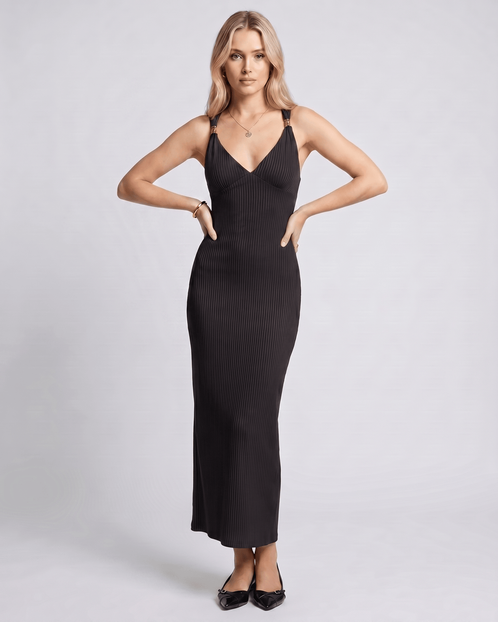 Veloura Maxi Dress by Lauven — ribbed knit sleeveless V-neck bodycon maxi dress with metal strap detail