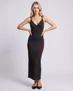 Veloura Maxi Dress by Lauven — ribbed knit sleeveless V-neck bodycon maxi dress with metal strap detail