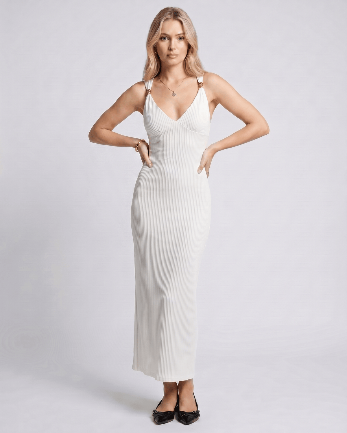 Veloura Maxi Dress by Lauven — ribbed knit sleeveless V-neck bodycon maxi dress with metal strap detail