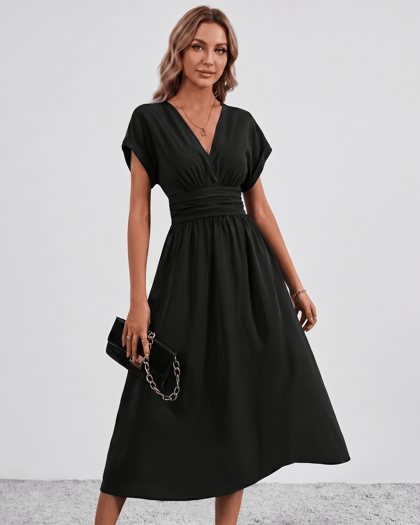 Aurea Midi Dress by Lauven — black lightweight woven batwing sleeve V-neck A-line midi dress