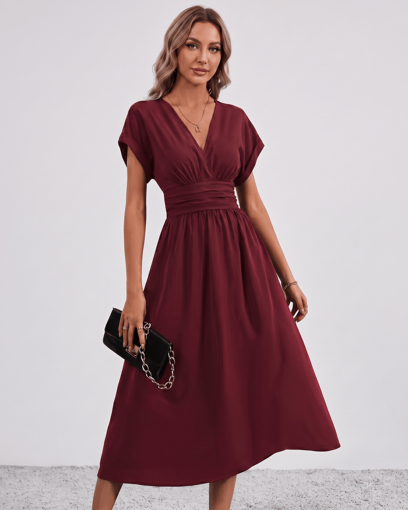 Aurea Midi Dress by Lauven — red lightweight woven batwing sleeve V-neck A-line midi dress