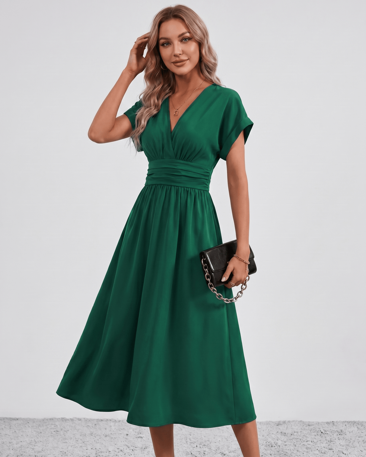 Aurea Midi Dress by Lauven — lightweight woven batwing sleeve V-neck A-line midi dress