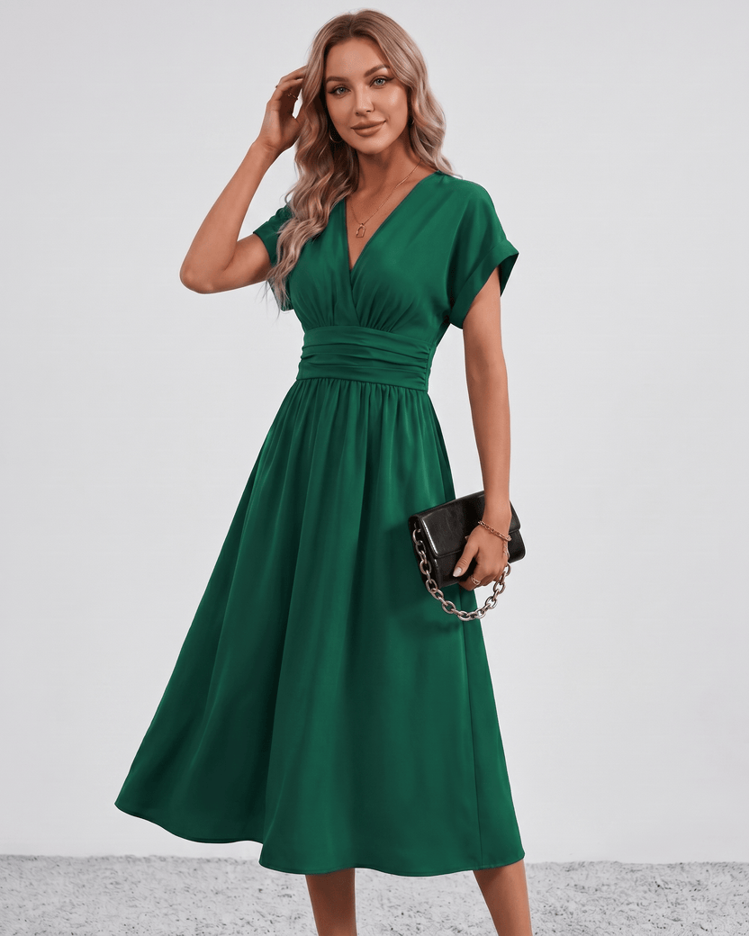 Aurea Midi Dress by Lauven — lightweight woven batwing sleeve V-neck A-line midi dress