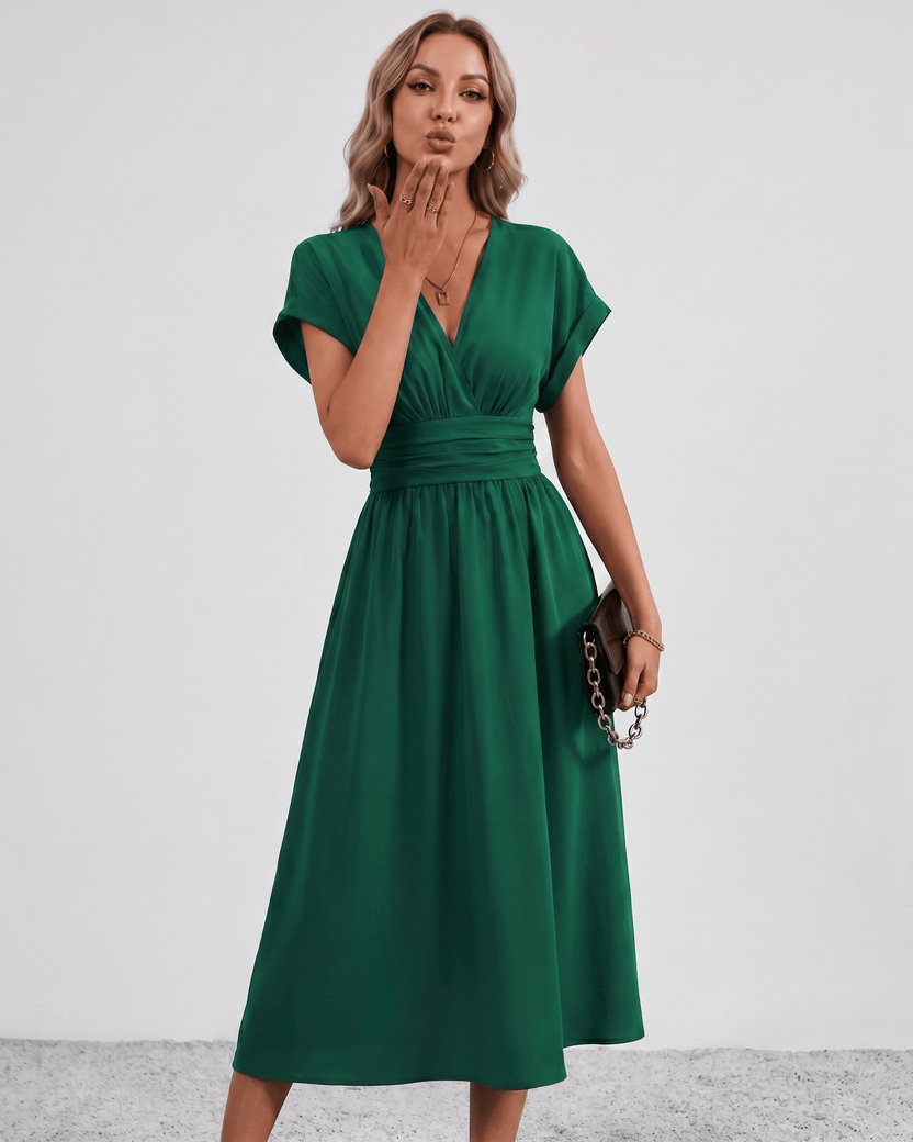 Aurea Midi Dress by Lauven — lightweight woven batwing sleeve V-neck A-line midi dress