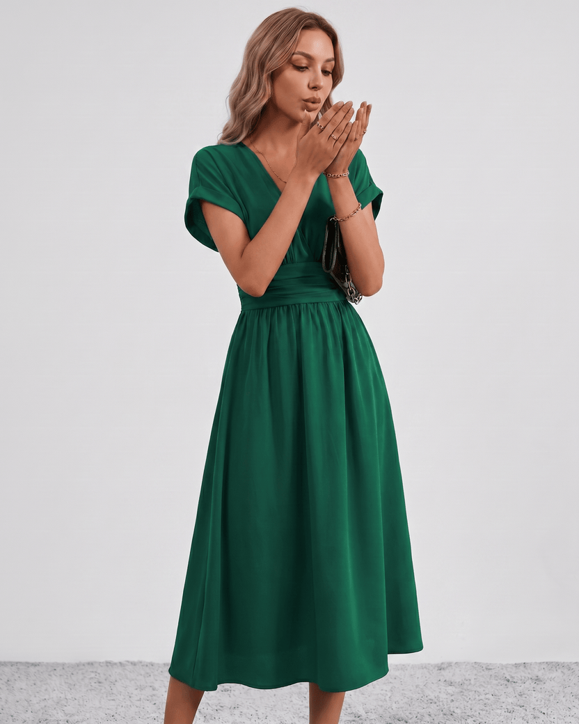 Aurea Midi Dress by Lauven — lightweight woven batwing sleeve V-neck A-line midi dress