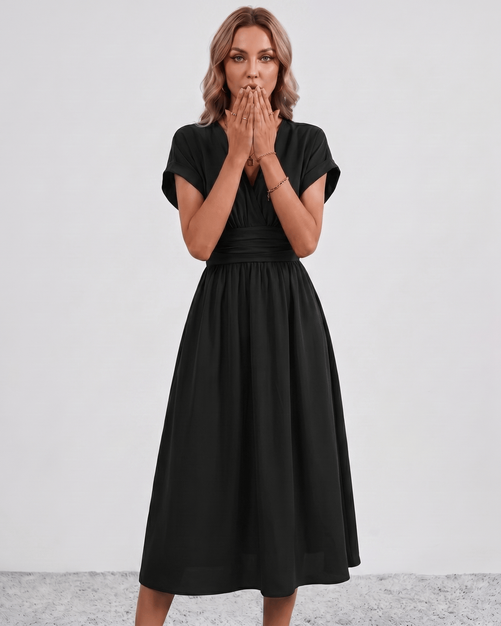 Aurea Midi Dress by Lauven — lightweight woven batwing sleeve V-neck A-line midi dress