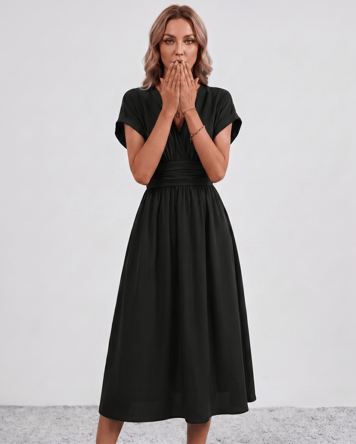 Aurea Midi Dress by Lauven — lightweight woven batwing sleeve V-neck A-line midi dress