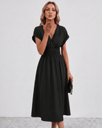 Aurea Midi Dress by Lauven — lightweight woven batwing sleeve V-neck A-line midi dress