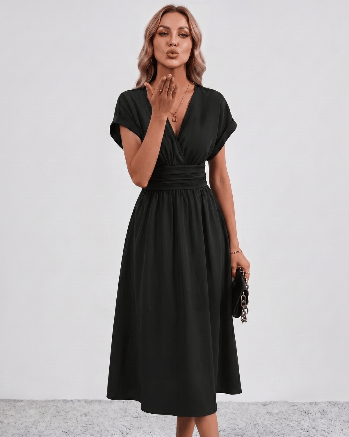 Aurea Midi Dress by Lauven — lightweight woven batwing sleeve V-neck A-line midi dress