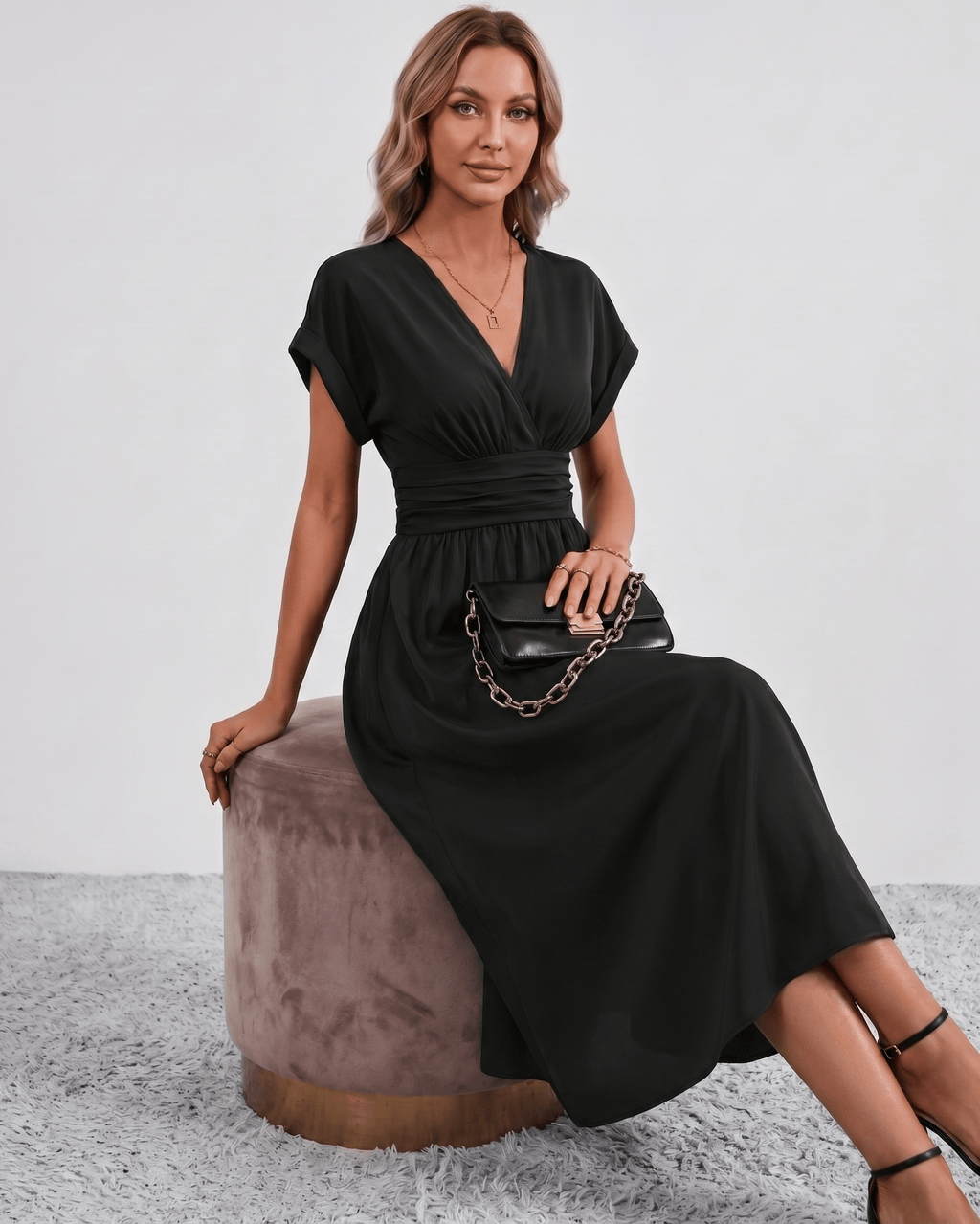 Aurea Midi Dress by Lauven — lightweight woven batwing sleeve V-neck A-line midi dress