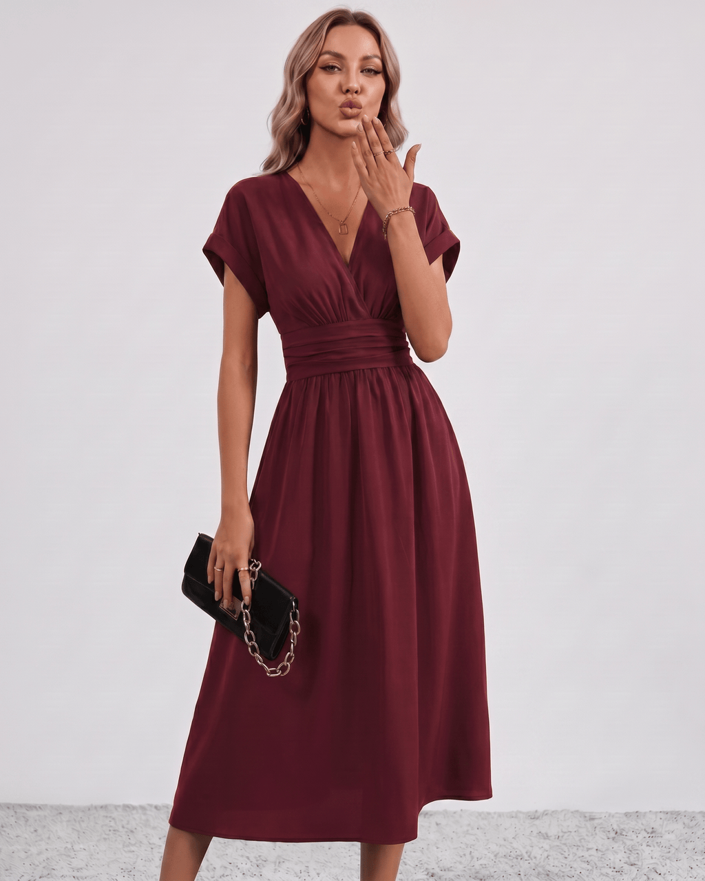 Aurea Midi Dress by Lauven — lightweight woven batwing sleeve V-neck A-line midi dress