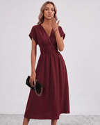 Aurea Midi Dress by Lauven — lightweight woven batwing sleeve V-neck A-line midi dress