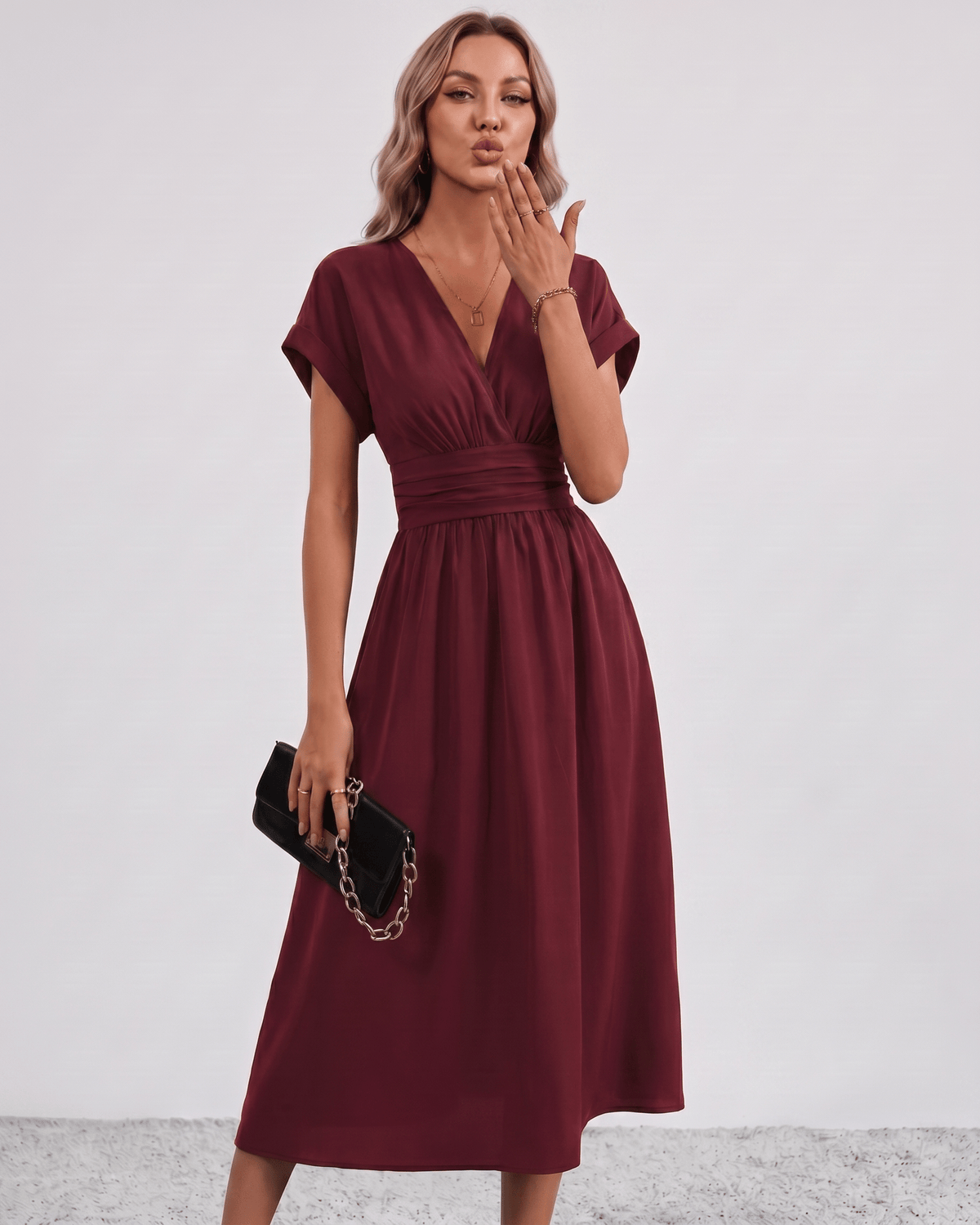 Aurea Midi Dress by Lauven — lightweight woven batwing sleeve V-neck A-line midi dress