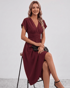 Aurea Midi Dress by Lauven — lightweight woven batwing sleeve V-neck A-line midi dress