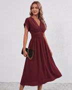 Aurea Midi Dress by Lauven — lightweight woven batwing sleeve V-neck A-line midi dress