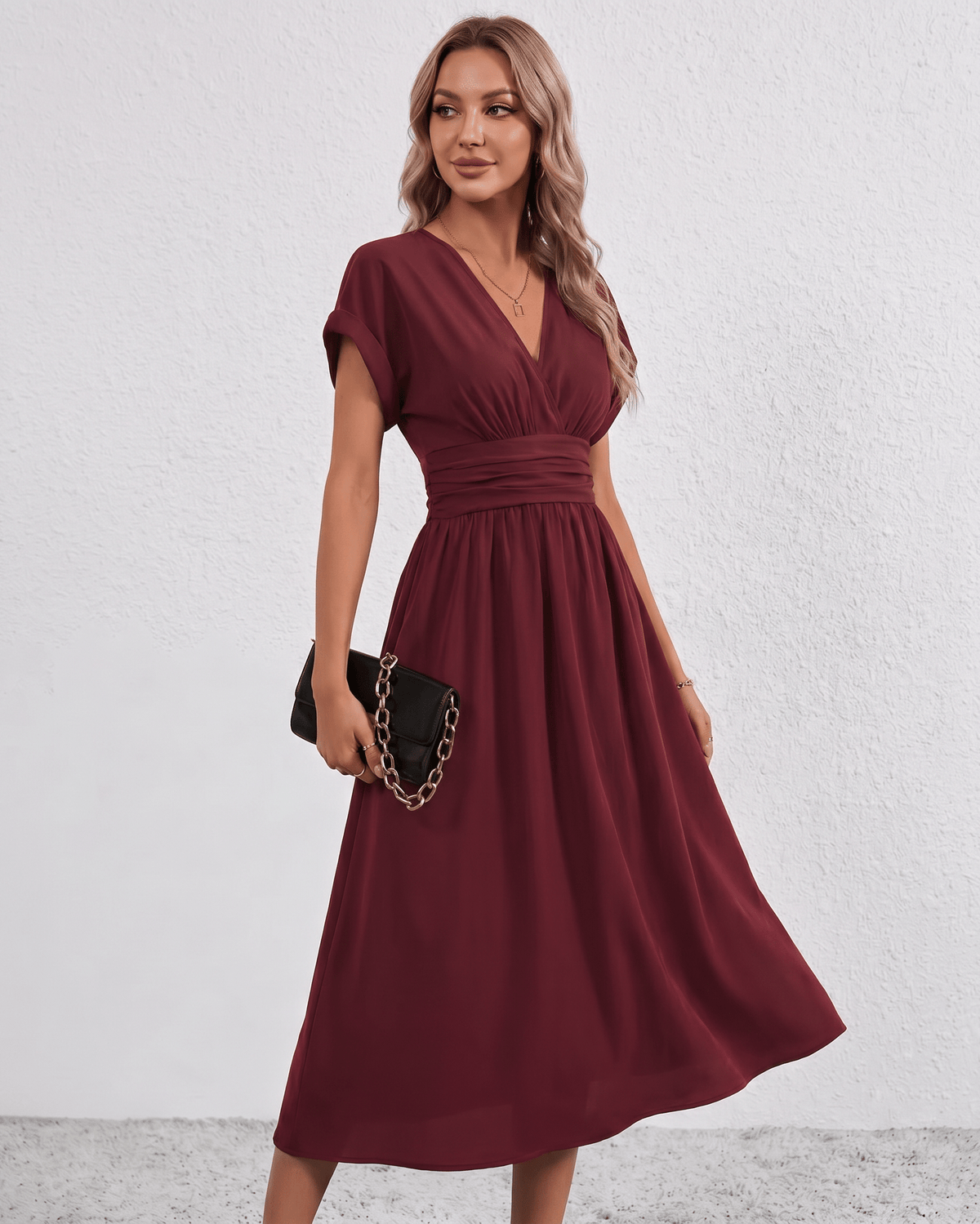 Aurea Midi Dress by Lauven — lightweight woven batwing sleeve V-neck A-line midi dress