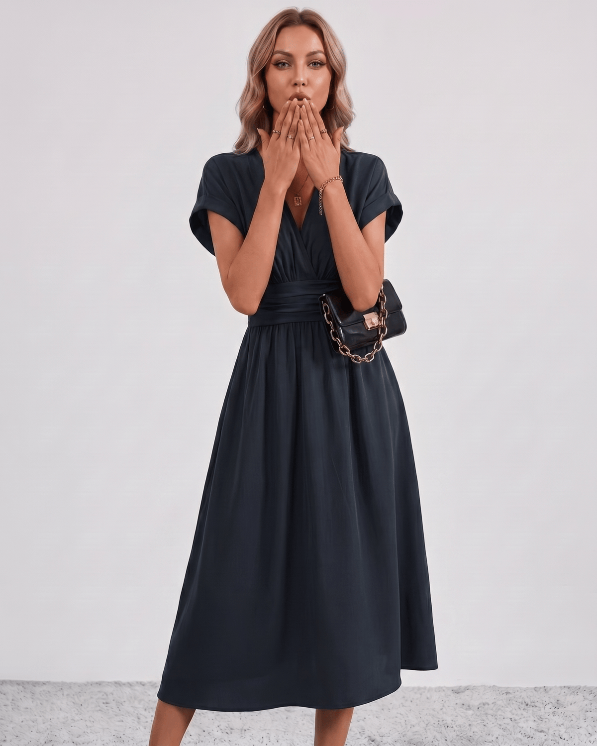 Aurea Midi Dress by Lauven — lightweight woven batwing sleeve V-neck A-line midi dress