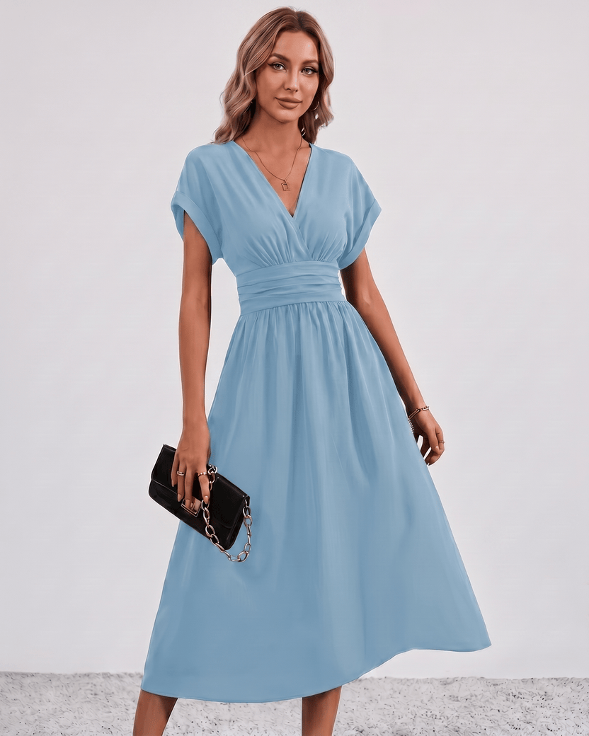 Aurea Midi Dress by Lauven — blue lightweight woven batwing sleeve V-neck A-line midi dress