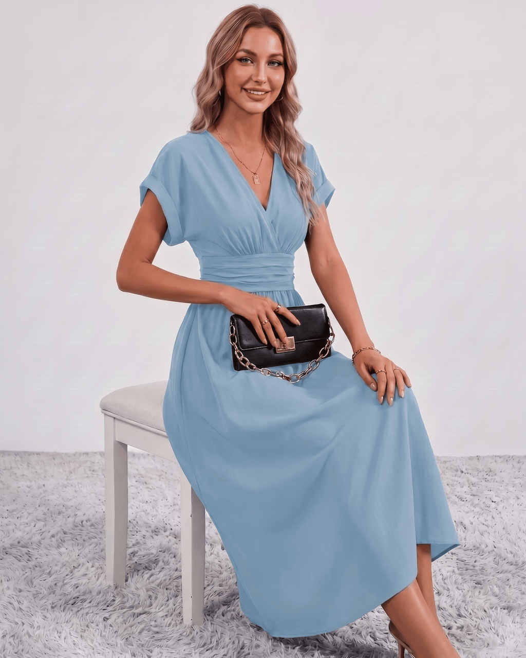 Aurea Midi Dress by Lauven — lightweight woven batwing sleeve V-neck A-line midi dress