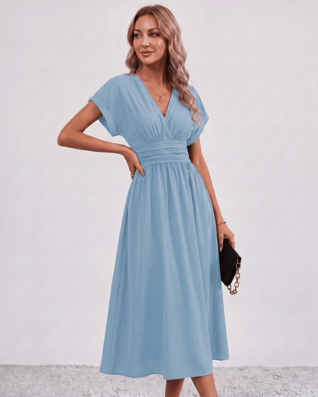 Aurea Midi Dress by Lauven — lightweight woven batwing sleeve V-neck A-line midi dress