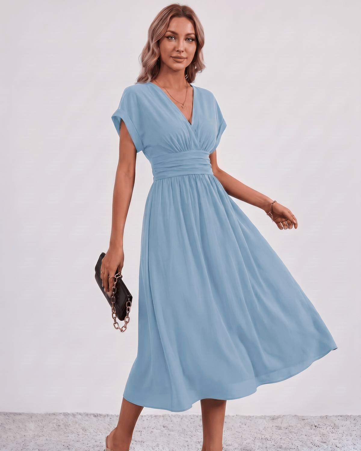 Aurea Midi Dress by Lauven — lightweight woven batwing sleeve V-neck A-line midi dress