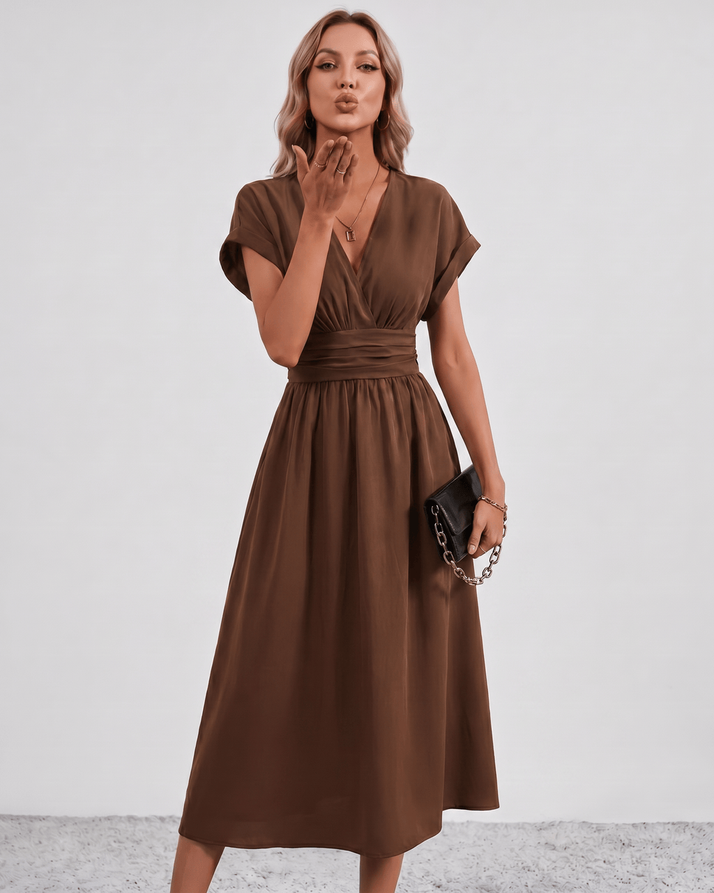 Aurea Midi Dress by Lauven — lightweight woven batwing sleeve V-neck A-line midi dress