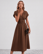 Aurea Midi Dress by Lauven — lightweight woven batwing sleeve V-neck A-line midi dress