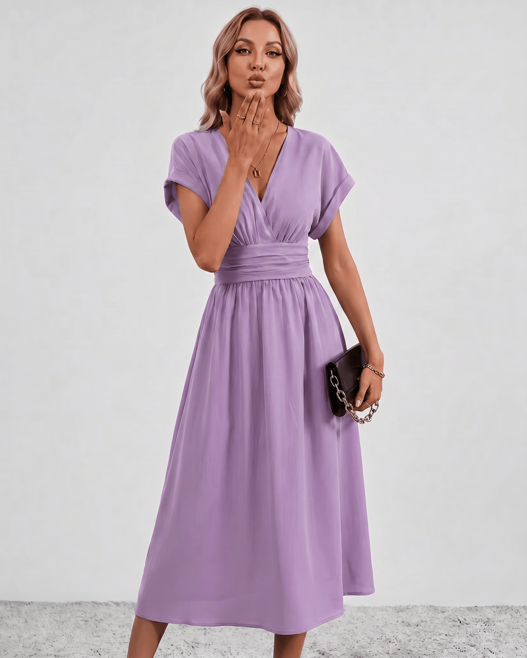 Aurea Midi Dress by Lauven — lightweight woven batwing sleeve V-neck A-line midi dress