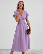 Aurea Midi Dress by Lauven — lightweight woven batwing sleeve V-neck A-line midi dress
