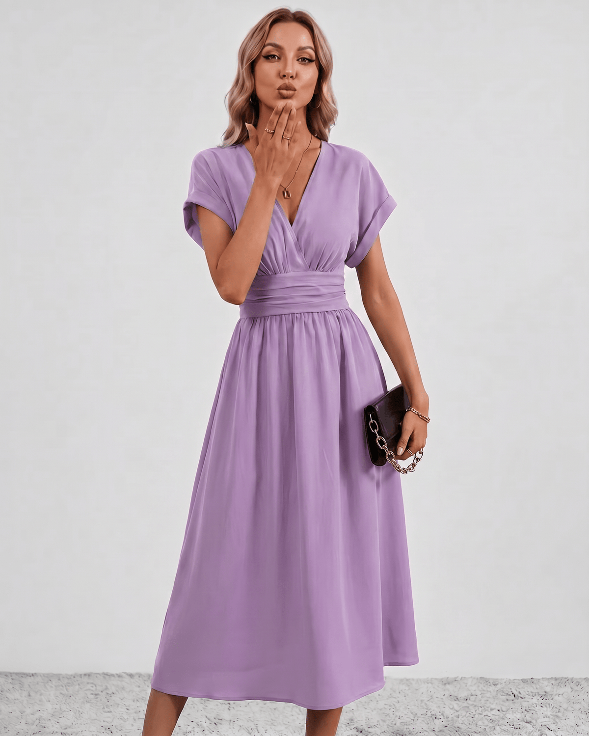 Aurea Midi Dress by Lauven — lightweight woven batwing sleeve V-neck A-line midi dress