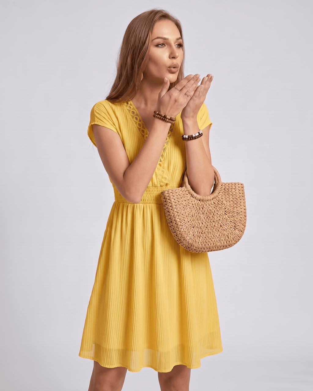 Elara Mini Dress by Lauven — chiffon blend short sleeve V-neck A-line mini dress with lace detail