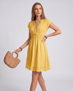 Elara Mini Dress by Lauven — chiffon blend short sleeve V-neck A-line mini dress with lace detail