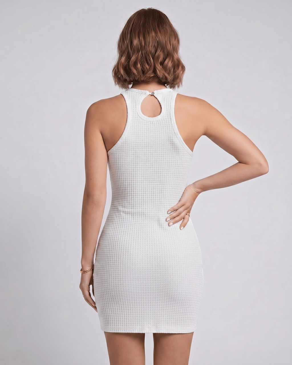 Aureli Mini Dress by Lauven — textured sleeveless high neck bodycon mini dress