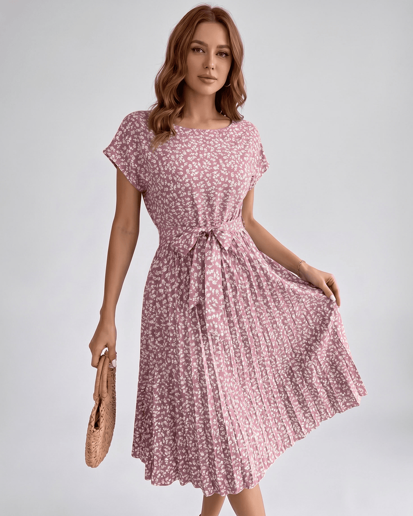 Liora Midi Dress by Lauven — pink polyester short sleeve round neck A-line midi dress