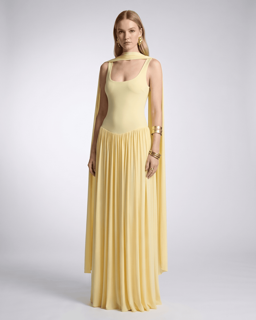 Aurelia Maxi Dress by Lauven — yellow polyester sleeveless scoop neck fit and flare maxi dress with pleated skirt and scarf d