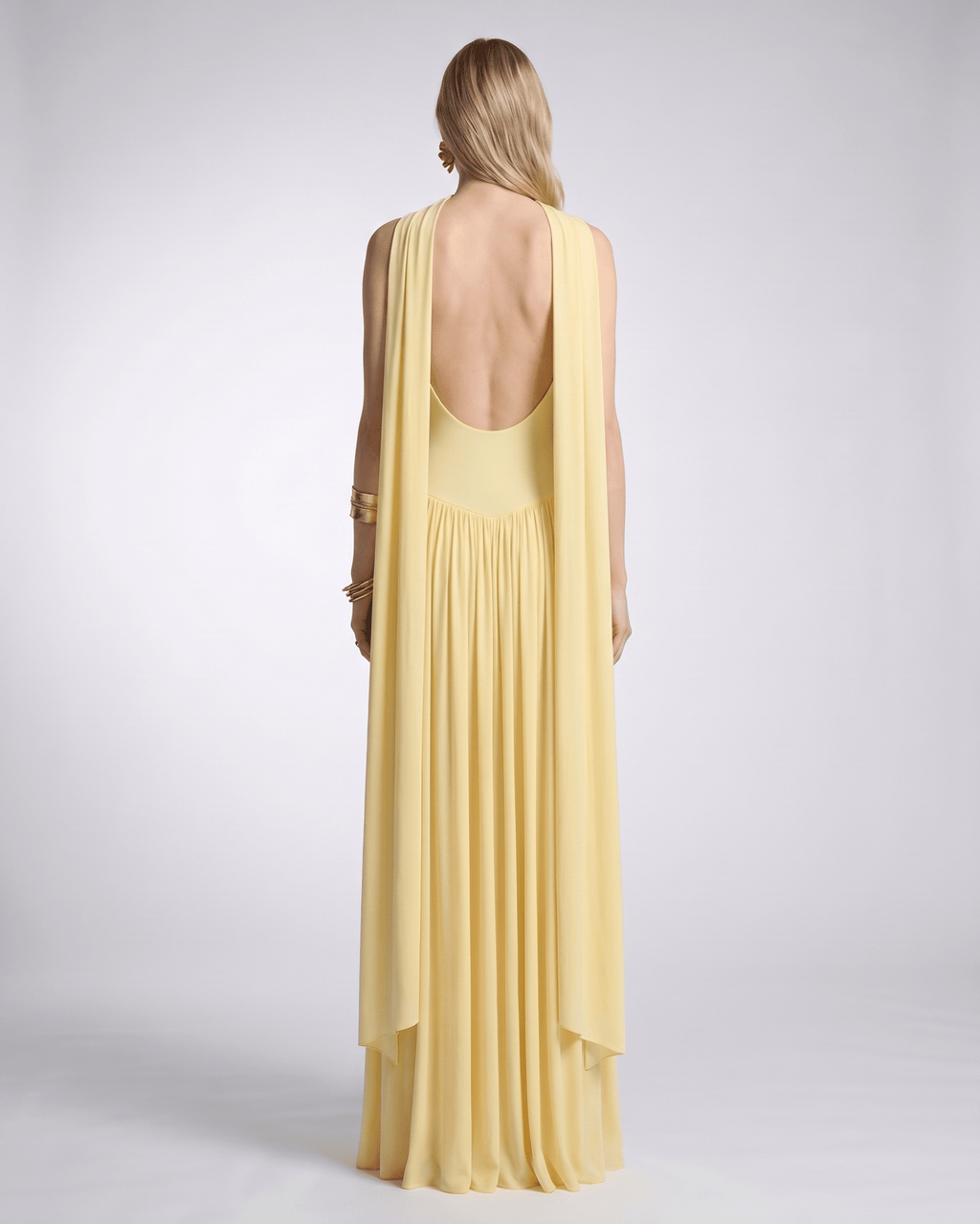 Aurelia Maxi Dress by Lauven — polyester sleeveless scoop neck fit and flare maxi dress with pleated skirt and scarf detail