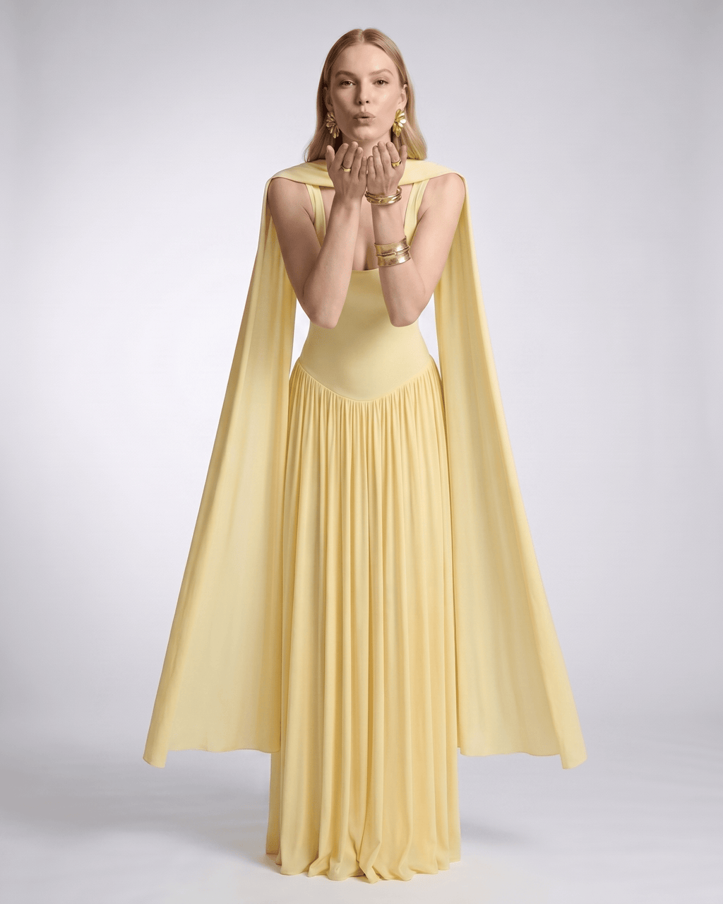 Aurelia Maxi Dress by Lauven — polyester sleeveless scoop neck fit and flare maxi dress with pleated skirt and scarf detail