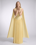 Aurelia Maxi Dress by Lauven — polyester sleeveless scoop neck fit and flare maxi dress with pleated skirt and scarf detail