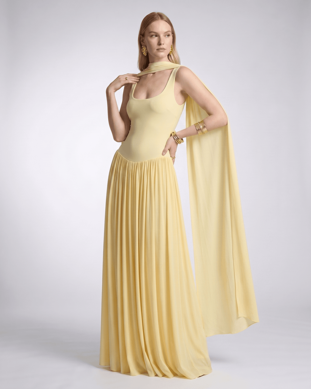 Aurelia Maxi Dress by Lauven — polyester sleeveless scoop neck fit and flare maxi dress with pleated skirt and scarf detail
