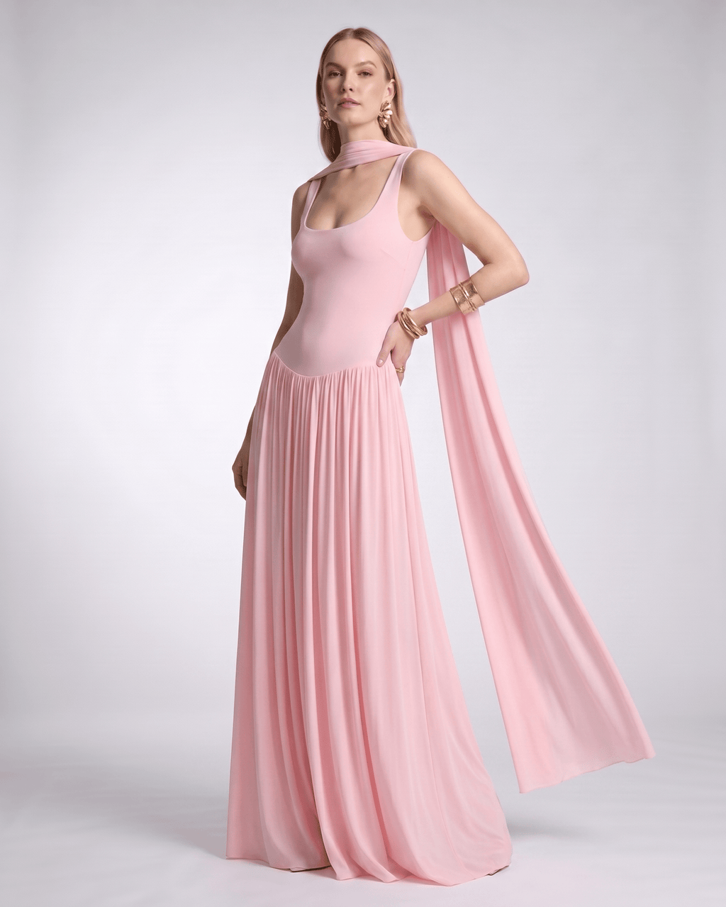 Aurelia Maxi Dress by Lauven — polyester sleeveless scoop neck fit and flare maxi dress with pleated skirt and scarf detail