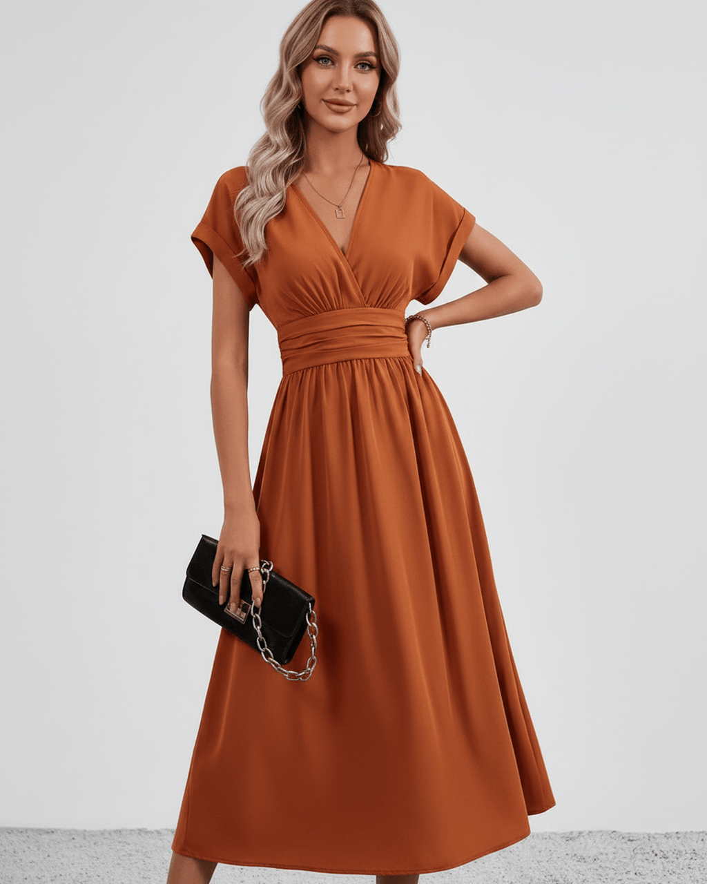 Aurea Midi Dress by Lauven — lightweight woven batwing sleeve V-neck A-line midi dress