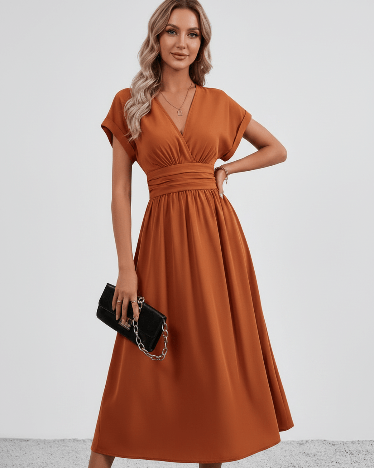 Aurea Midi Dress by Lauven — lightweight woven batwing sleeve V-neck A-line midi dress