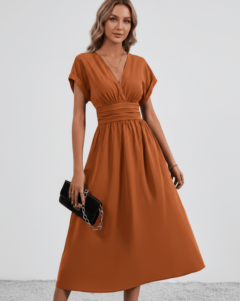 Aurea Midi Dress by Lauven — orange lightweight woven batwing sleeve V-neck A-line midi dress