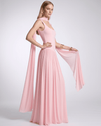 Aurelia Maxi Dress by Lauven — polyester sleeveless scoop neck fit and flare maxi dress with pleated skirt and scarf detail
