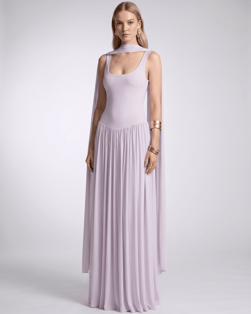 Aurelia Maxi Dress by Lauven — lilac polyester sleeveless scoop neck fit and flare maxi dress with pleated skirt and scarf de