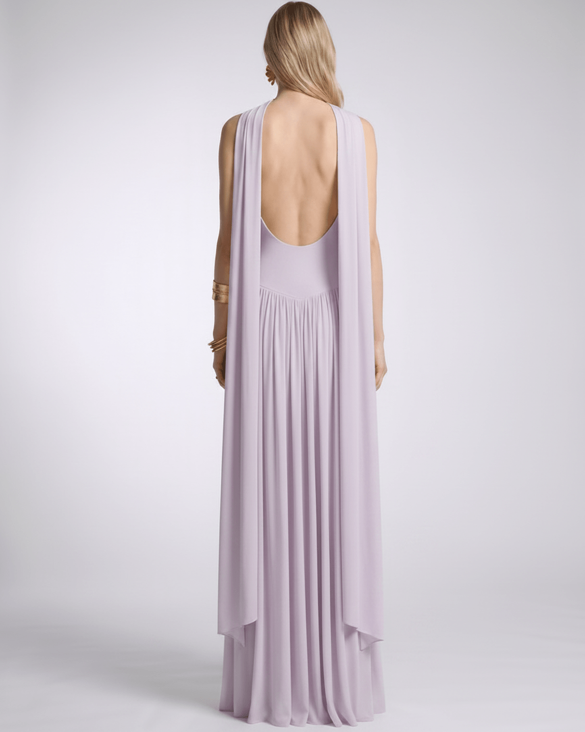 Aurelia Maxi Dress by Lauven — polyester sleeveless scoop neck fit and flare maxi dress with pleated skirt and scarf detail